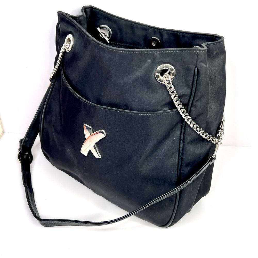 Vintage Paloma Picasso Shoulder Bag,'X' logo, black nylon/Leather, chain strap
